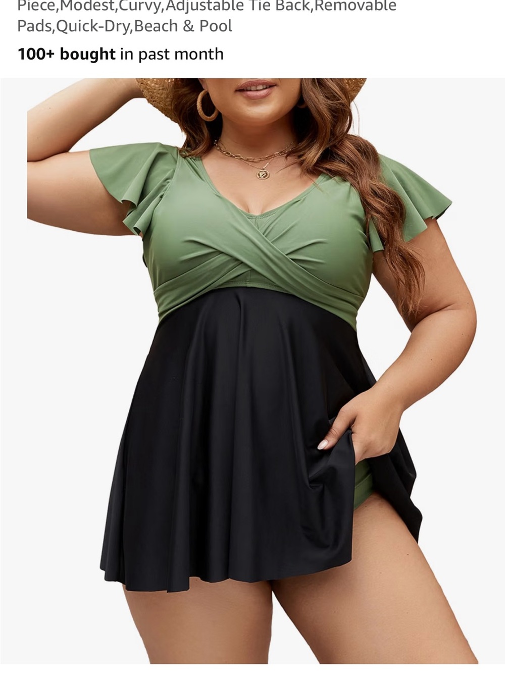 Plus Size Olive Green and Black Swimdress with Flutter Sleeves